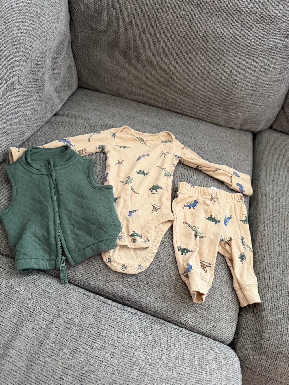 Infant Beige Dino Print One-Piece & Green Quilted Vest Set